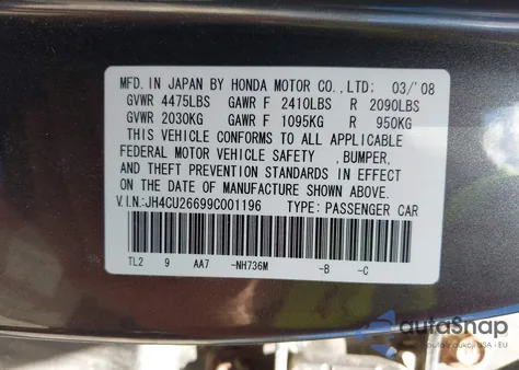 2009 Acura Tsx from USA, damaged, VIN JH4CU26699C001196